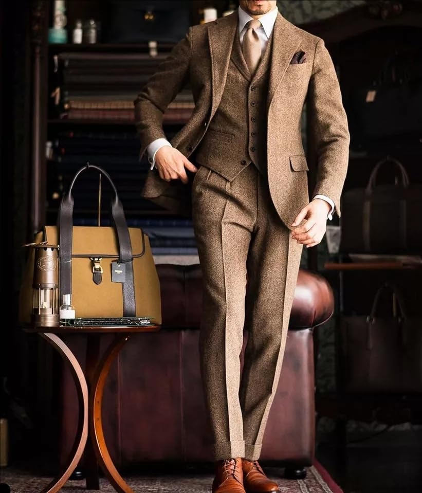 Premium Men's Tweed Notch Lapel Blazer Formal Vintage Check Prom Groom Tuxedo for Wedding Suit 3 Piece3