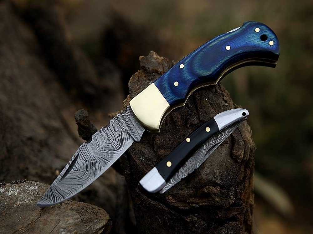 BCK Pocket Knife 4 Pcs Set 6.5" Handmade Damascus Folding Knife Back lock knife Damascus Hunting Knife with Sheath Damascus Pocket Knife for men 100% Prime Quality camping Knife. (Blue Wood)