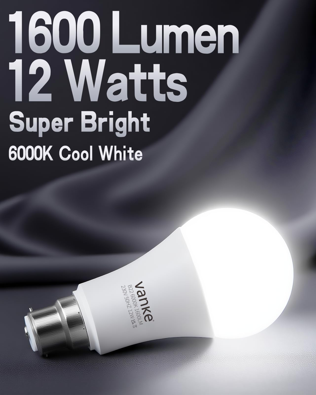 Vanke Bright Bayonet Light Bulb 150W Equivalent, 12W 1600 Lumen B22 LED Bulbs, Cool White 6000K - Image 2