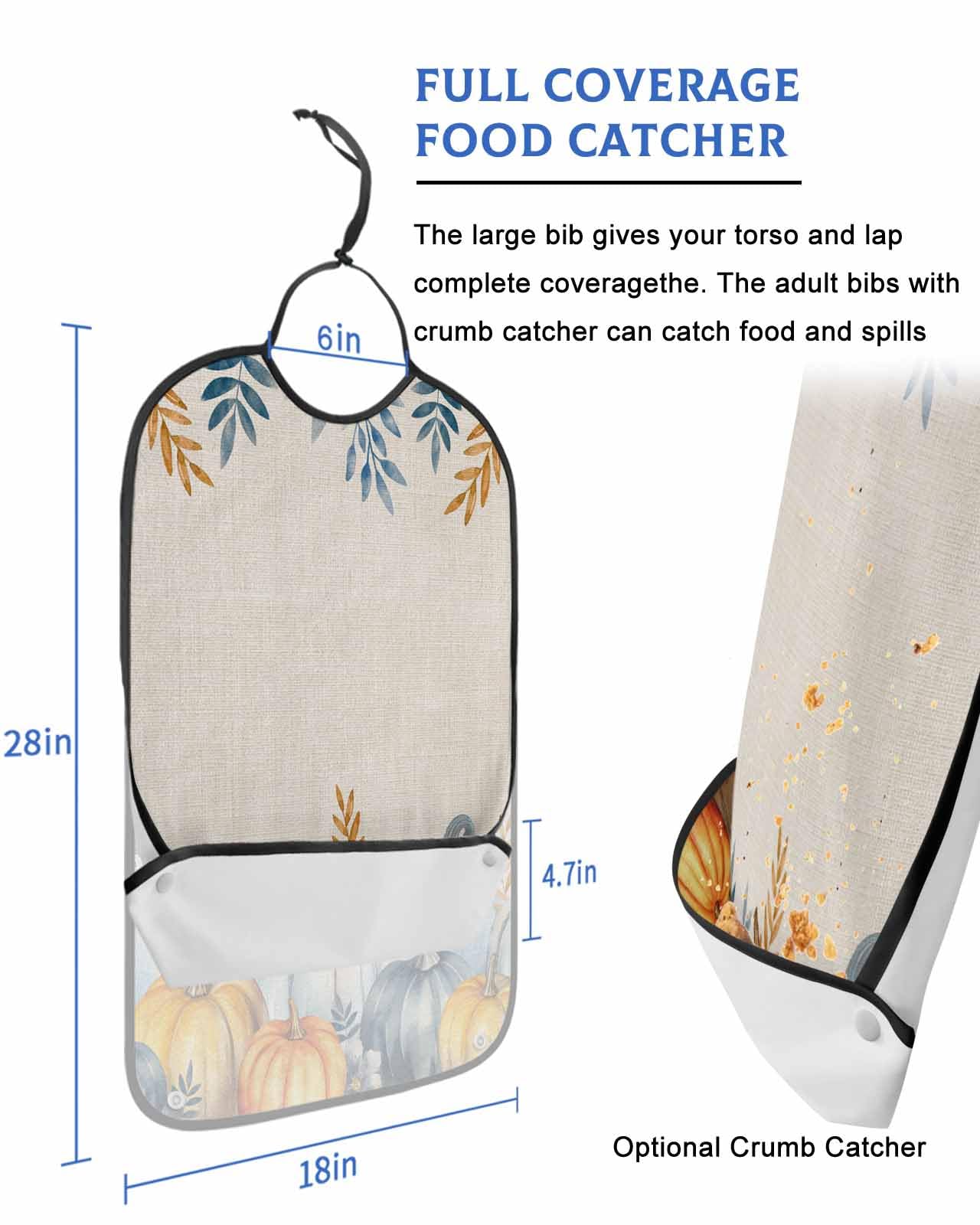LEOKOTI Orange Blue Pumpkins Fall Adult Bibs for Eating, Waterproof Bibs with Food Catcher & Snap Closure, Thanksgiving Maple Leaf Weeping Washable Clothing Protectors Adult Bibs for Elderly