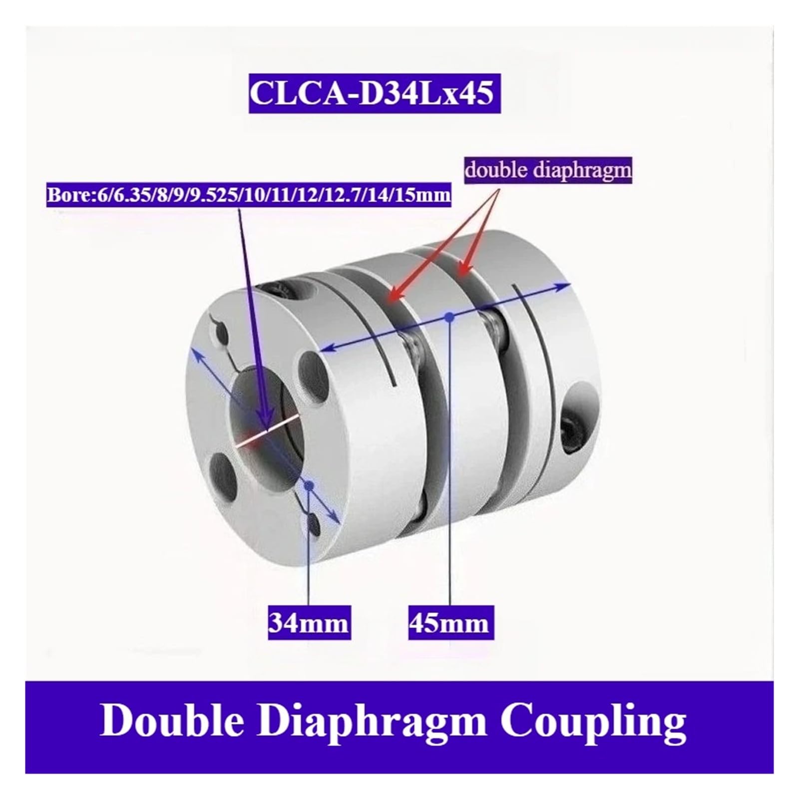 Giunto a doppio diaframma in lega di alluminio, foro 6 mm-15 mm, 1 pezzo(12mm to 12mm)