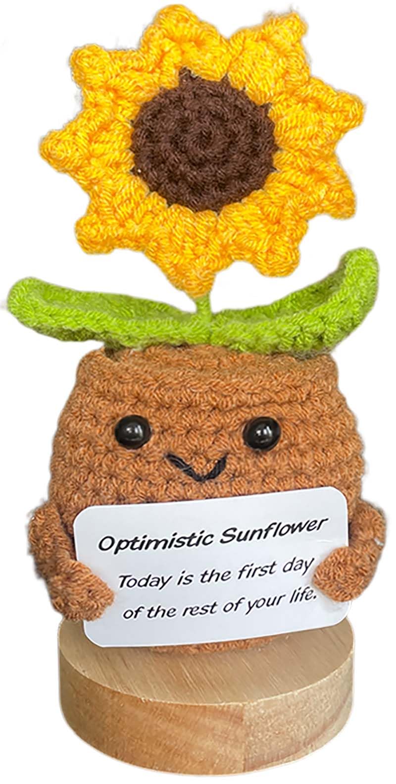Reqousod Lovely Mini Positive Crochet Doll, Pure Handmade Mood Improvement Wool Knitting Sunflower Doll for Home Office Car Decoration and Creative