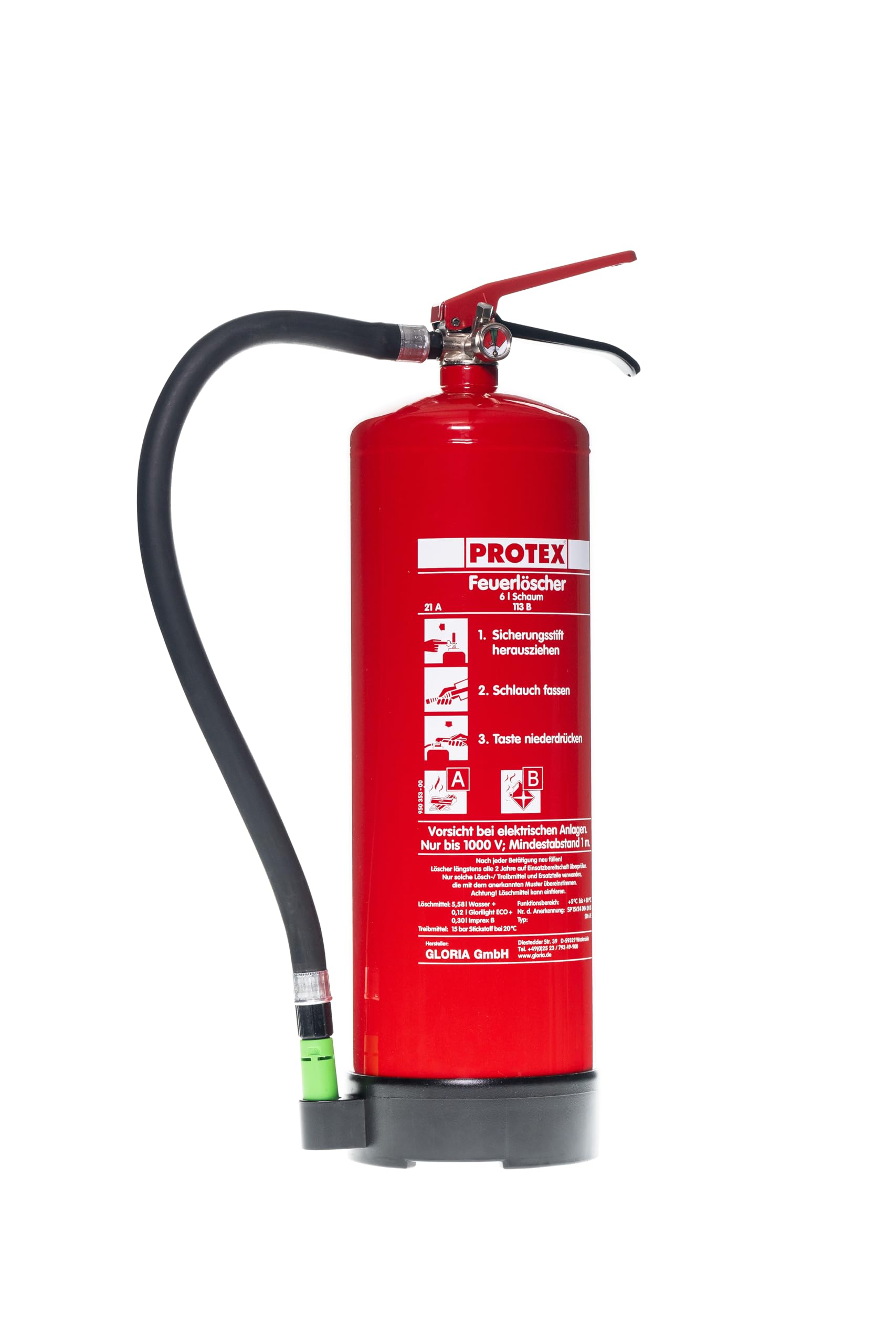 Protex – Schaum-Feuerlöscher SD6 E – 6 Liter – fluorfrei – für die Brandklassen A und B – nach DIN EN 3 – 11 kg – mit praktischer Halterung – mit Prüfplakette – Made in EU