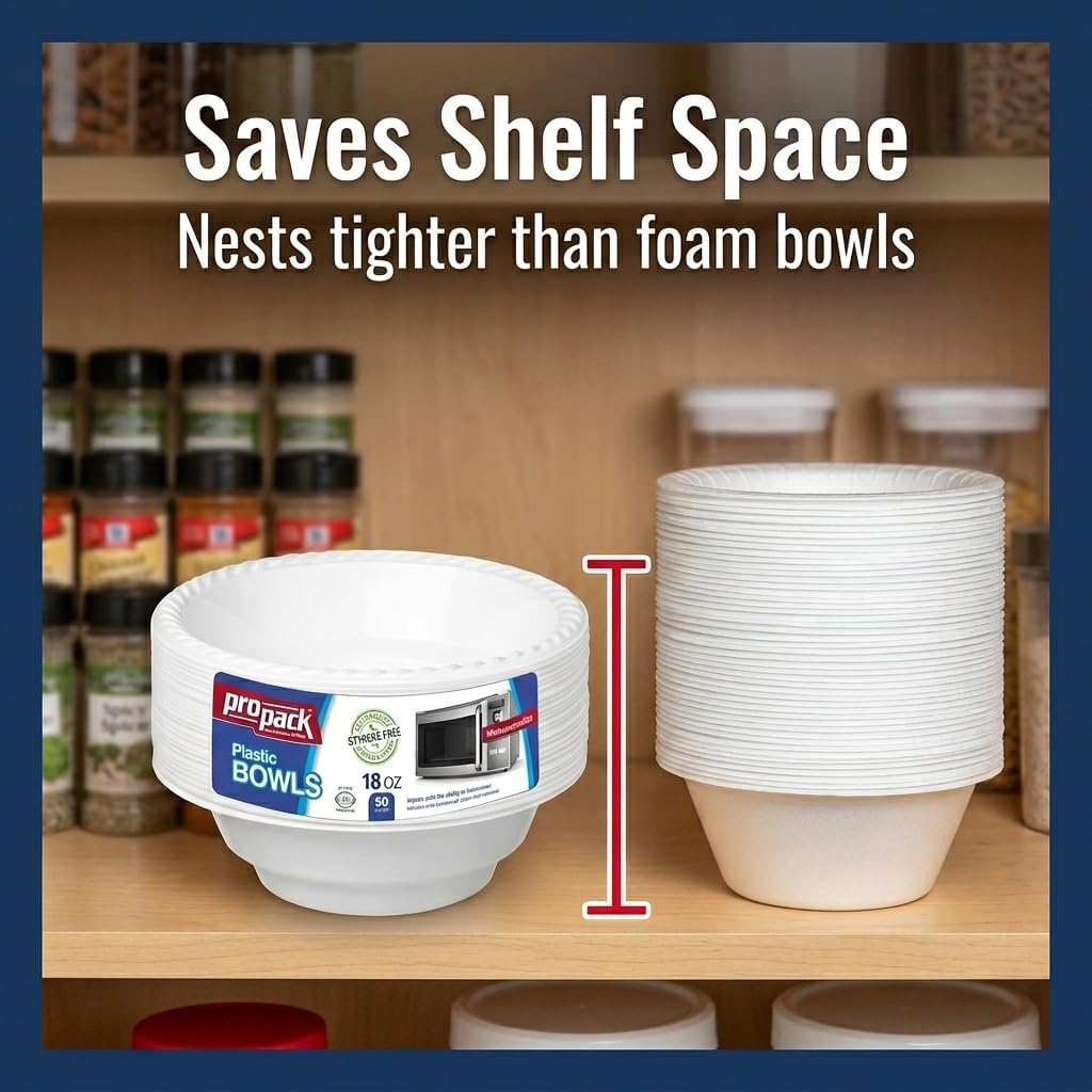18 oz Plastic Bowls, 50 Count - Heavy-Duty Disposable Bowls for Soup, Salad, Cereal, Pasta, Parties & Catering