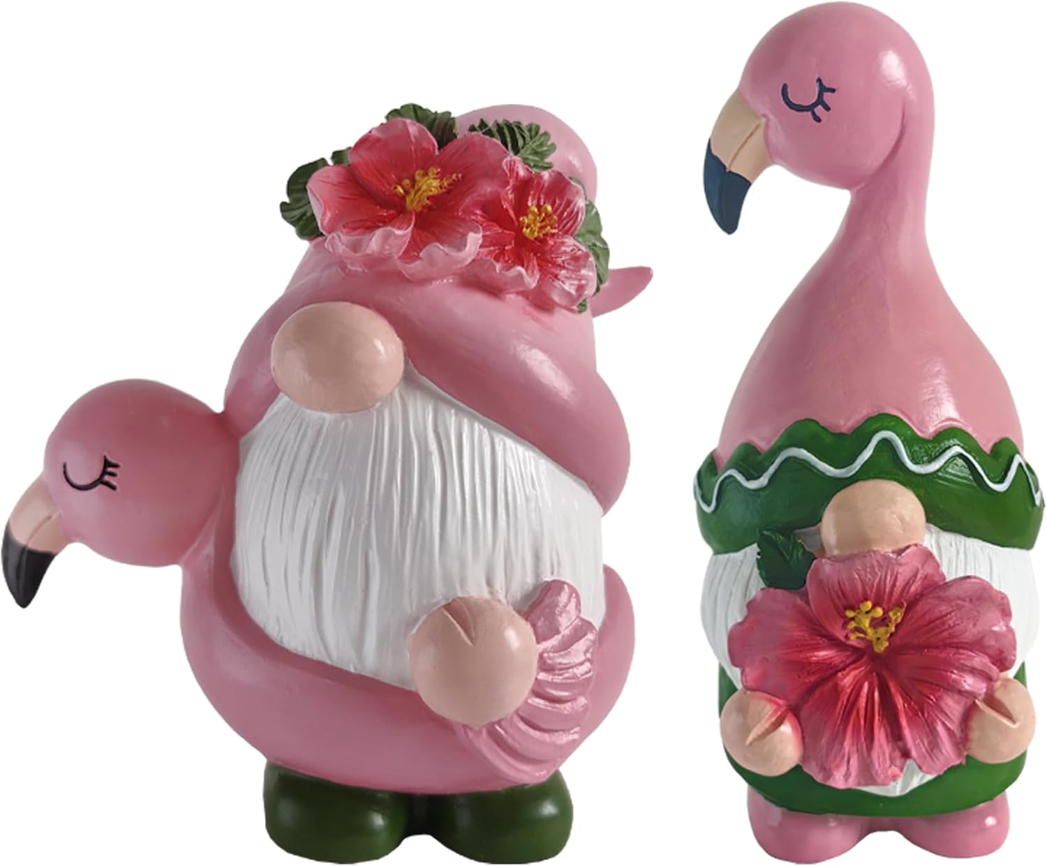 Summer Flamingo Gnome with Flower Figurines 2 Pcs, Resin Pink Bird Sculpture Beach Tropical Decor for Garden Patio Yard Lawn Porch