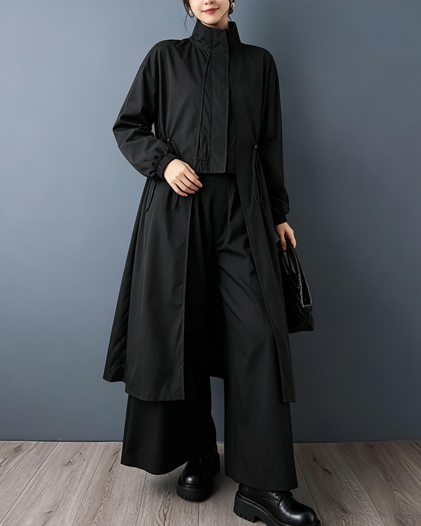 ellazhu Manteau pour femmes, col montant, fermeture éclair, cordon de serrage, uni, manches longues, poches latérales, ourlet long GZ723 A