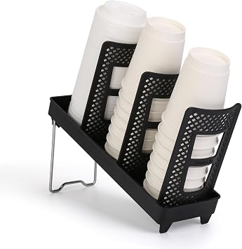 Beyoung Disposable Paper Cup and Lid Dispenser, 3 Compartment Countertop Coffee Cup Holder, Plastic Cup and Paper Cup Organizer for Home, Office, Party Black