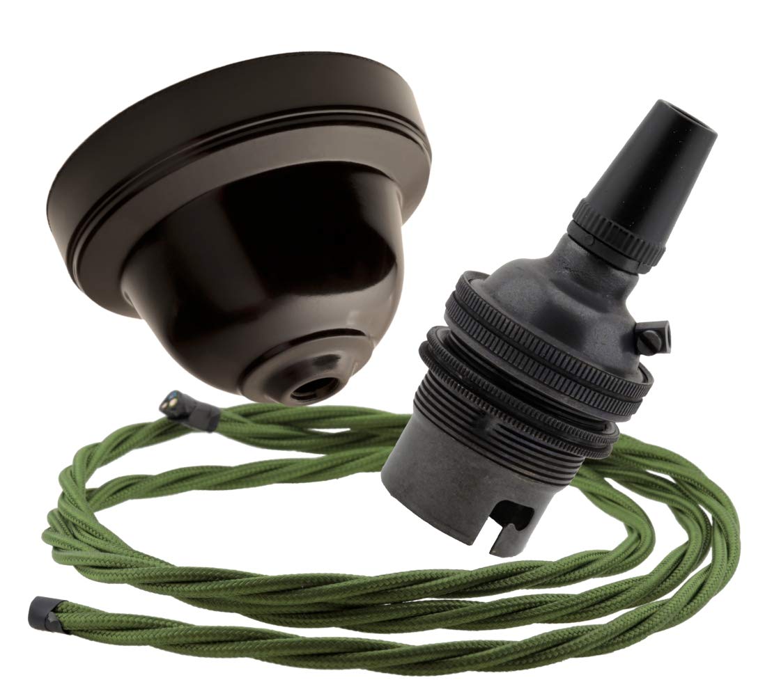 Repaireum Ltd. Ceiling Pendant Kit with Traditional Brown Bakelite Rose and Bronze Finish B22 Lampholder with 3 Meter Green Flex