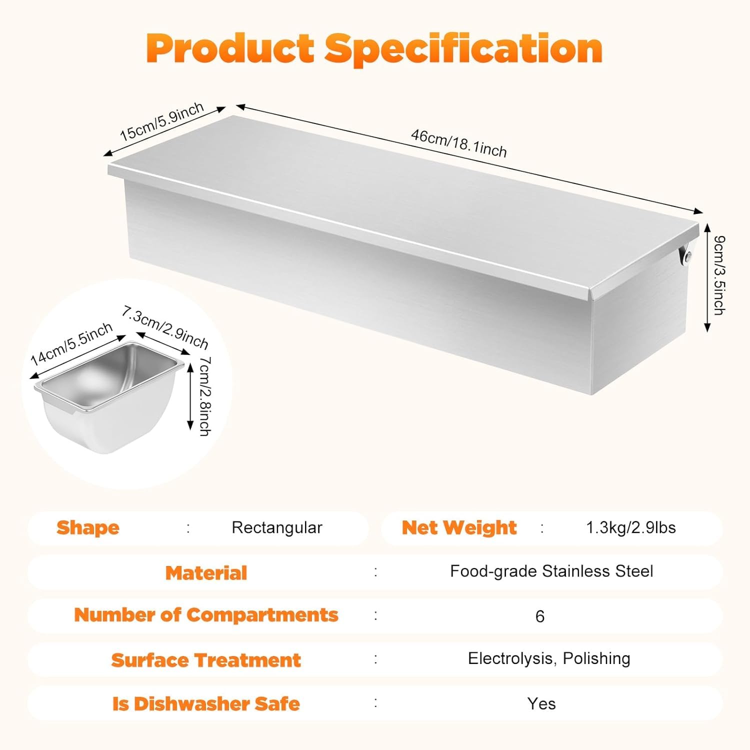 Distributeur de condiments en acier inoxydable avec 6 compartiments et couvercles rabattables, boîte d'assaisonnement amovible pour cuisine, restaurant, buffet et service alimentaire