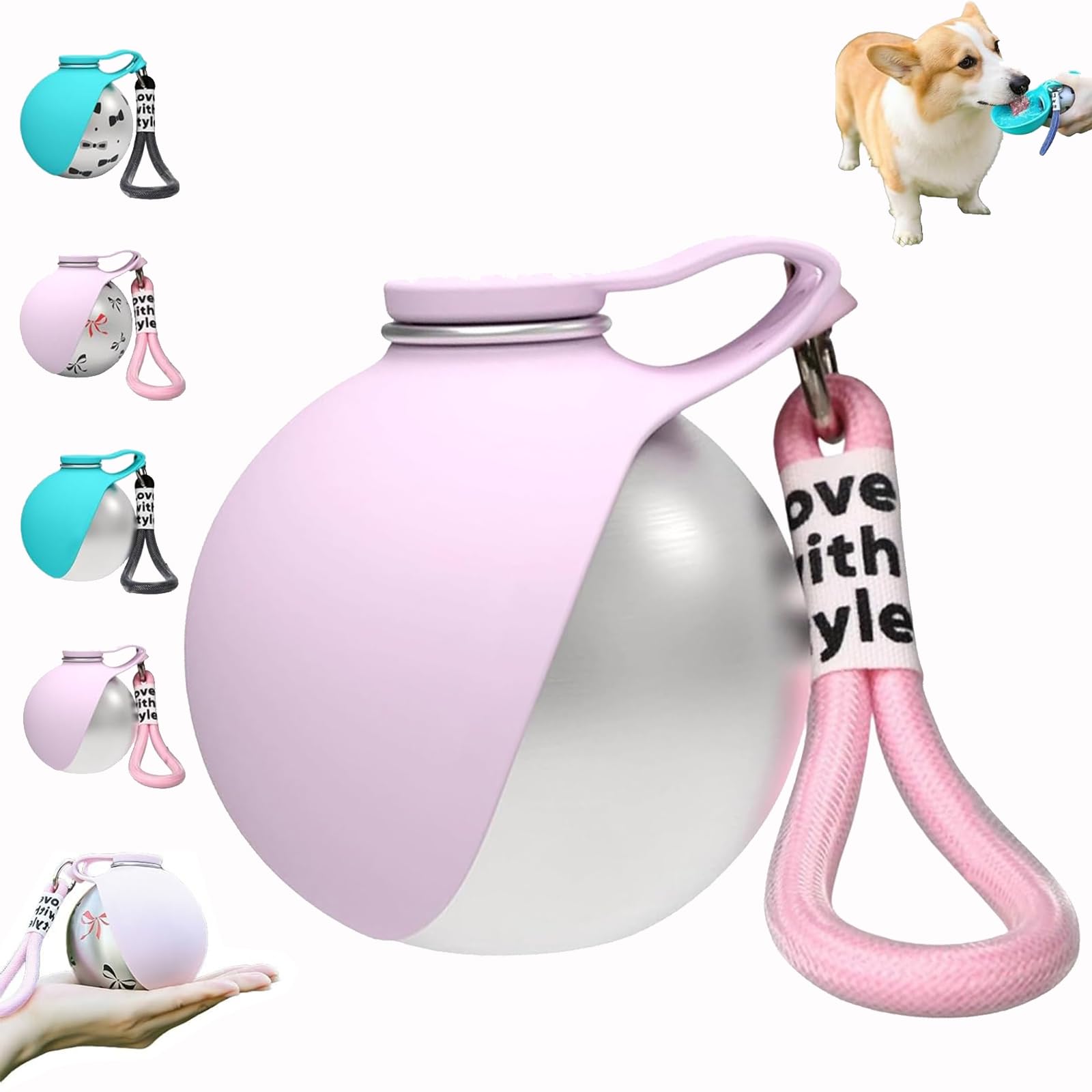 2 in 1 Portable Dog Water Bottle with Foldable Silicone Bowl, Stainless Steel Travel Bottle, Leak-Proof & Reflowable Water System for Walking Hiking Camping, Hands-Free Carabiner Clip (1PC Pink)