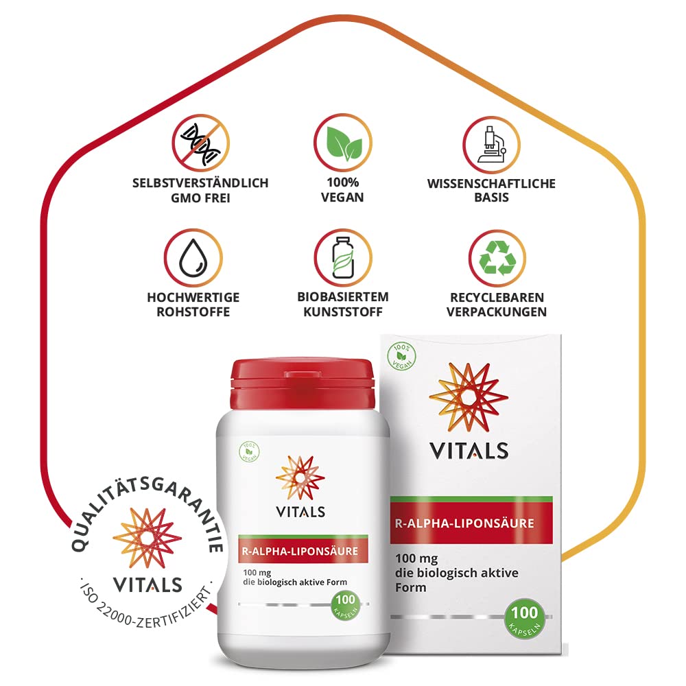 Vitals - R-Alpha-Liponsäure 100 Kapseln mit 100mg der biologisch aktiven Form. Mit Bio-enhanced Natrium-R-Lipoat von GeroNova. Stabil und mit hoher Bioverfügbarkeit.