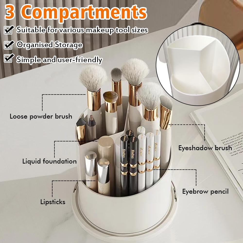FIVAVA Makeup Brush Holder 360 Rotating Organizer with Clear Lid,Sliding Opening Dustproof Makeup Organiser Storage for Lipstick Lip Gloss - Image 3