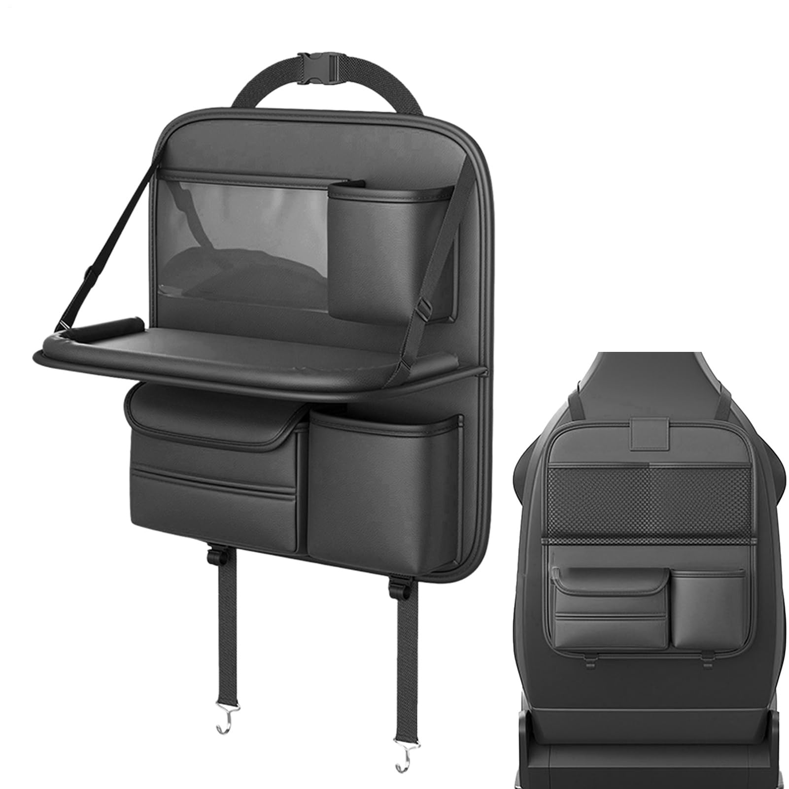 Organizer per schienale sedile auto – vassoio pieghevole, tasca posteriore | supporto da viaggio multifunzione, borsa in pelle sintetica nera, scatola per fazzoletti integrato, regulab