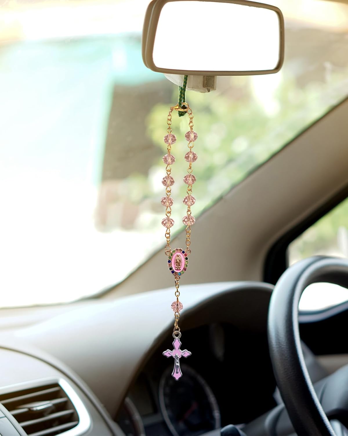 Car Rosary for Rearview Mirror Hanging - Catholic Religious Devout Gift with Virgin Mary Charm and Crucifix, Ideal Catholic Rosary Gifts for Men & Women (Pink) - Image 5
