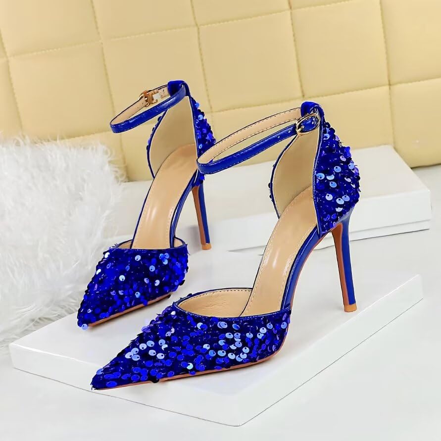 JOEupin Women's Sequin Pumps 4 Inch Pointed Toe Ankle Strap Stiletto Heels Party Wedding Dress Shoes2