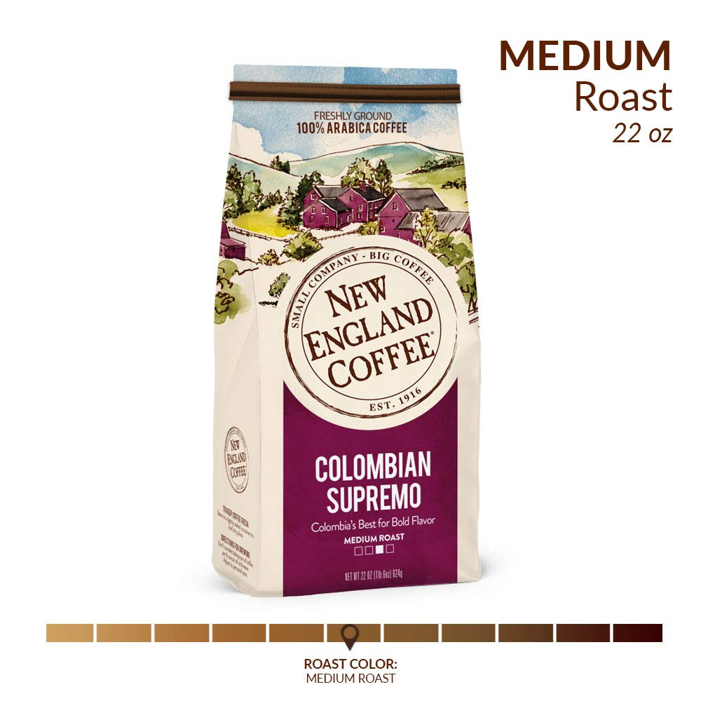 New England Coffee Colombian Supremo Medium Roast Ground Coffee, 22oz Bag (Pack of 1)