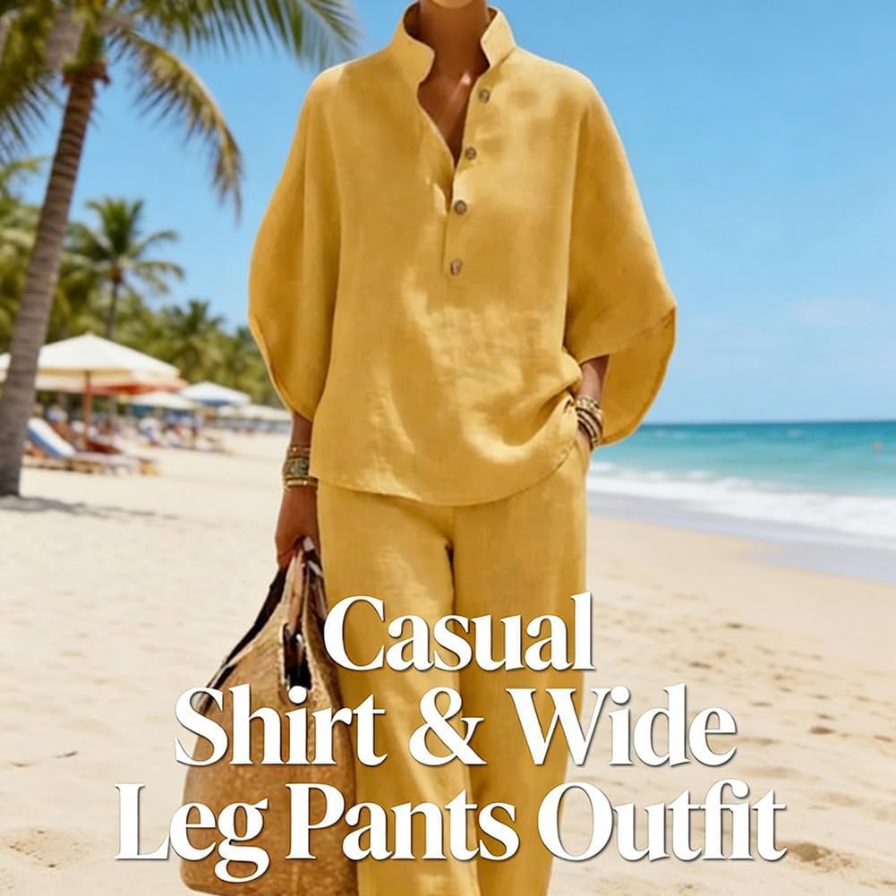 Women's Batwing Sleeve Linen Cotton Two Piece Set - 2026 New Casual Shirt and Wide Leg Pants Outfit