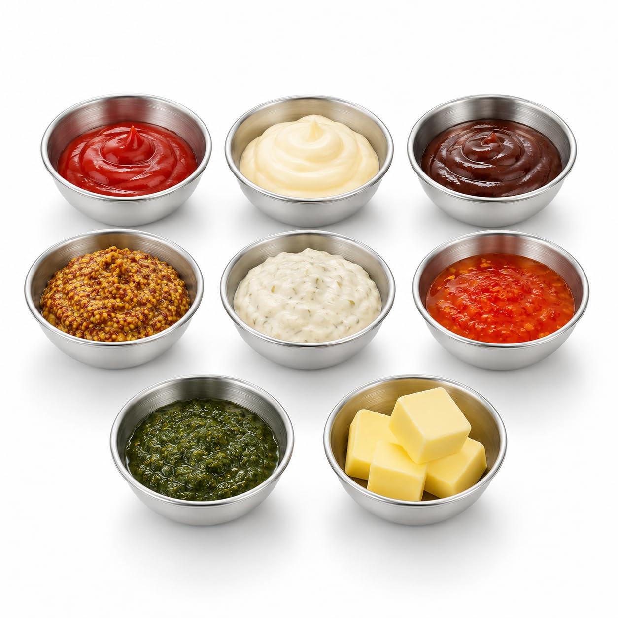URMONA 8pcs Sauce Pots, Dipping Bowls, Dip Bowls & Ramekins, 304 Stainless Steel Condiment Cups for Kitchen BBQ Meal Prep (Silver)