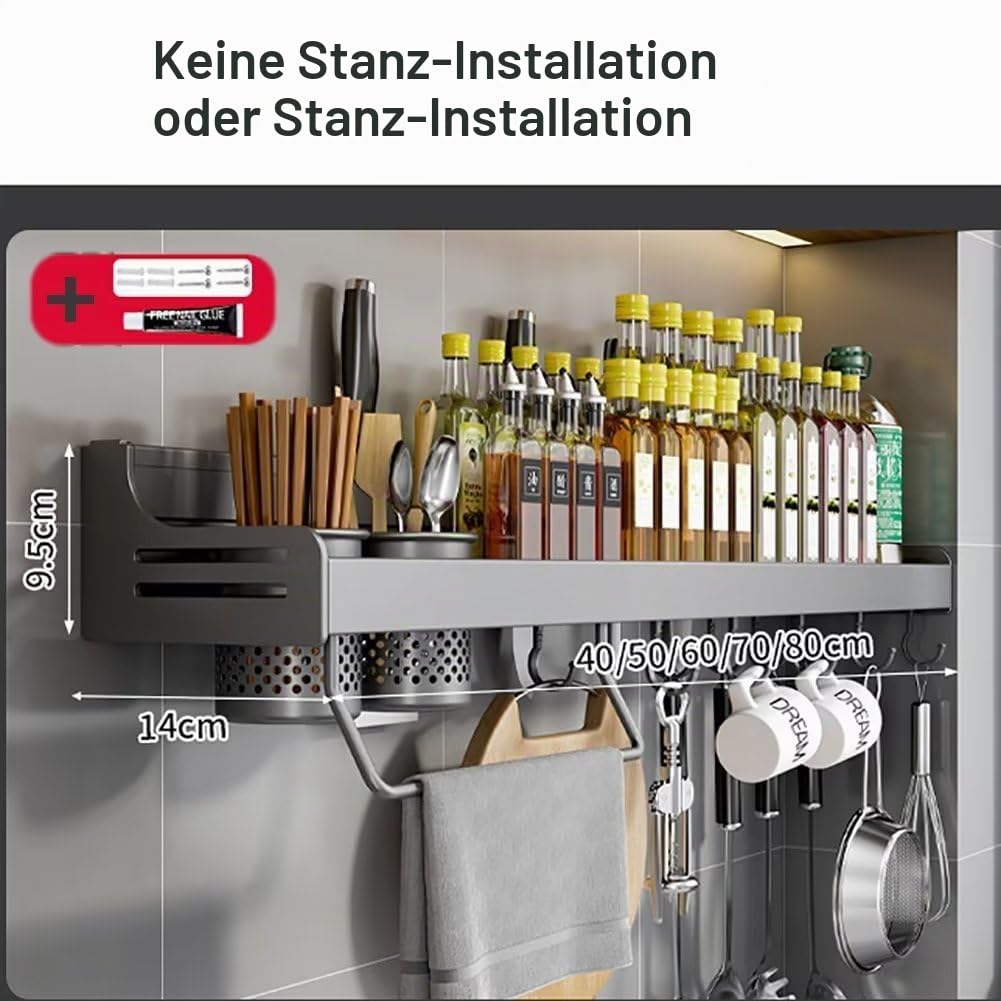 Gewürzregal Wand, Gewürz Organizer Ohne Bohren, Gewürzregale Hängend, Gewürzhalter Kleben, Küchenregal Wand Metall für Schranktür,Küche, Spice Rack, 60cm, Schwarz