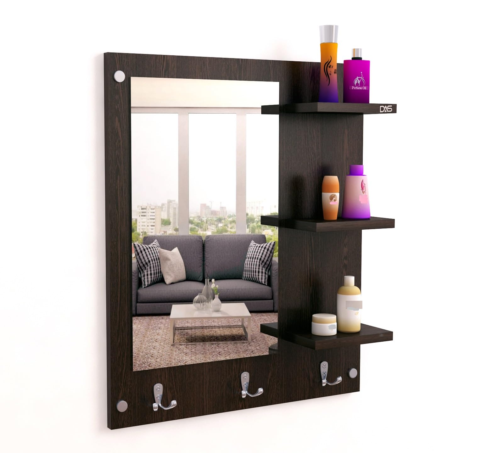 DAS Wall Mount Makeup Vanity Dresser Dressing Mirror/Glass/Table and Multipurpose Rack Shelves with Elegant Double Stainless Steel Hooks (Wenge)- Evelyn-image-21