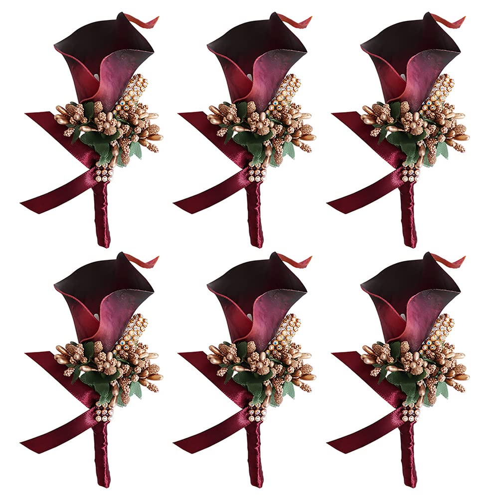 ISAKEN Broche de Flores Secas, Boutonniere de Lirio de Cala, Rosas Boutonniere Hecho a Mano, Set Boutonniere Ojales Novio Pulsera Rosas Flores de Boda Accesorios