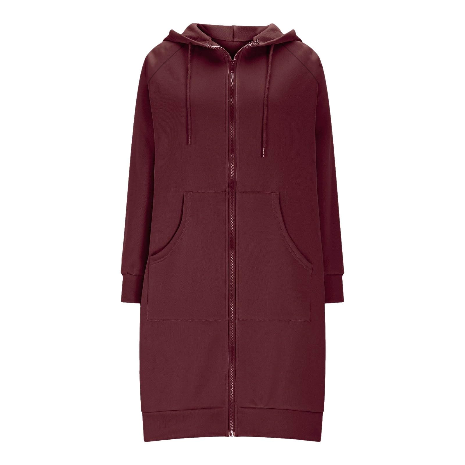 Sweat Long à Capuche Zippé Femme Manteau Automne Hiver Chaud Sweatshirt Uni Rétro Veste Manches Longues Légère Décontractée Pull Comfortable avec Poches Hoodies