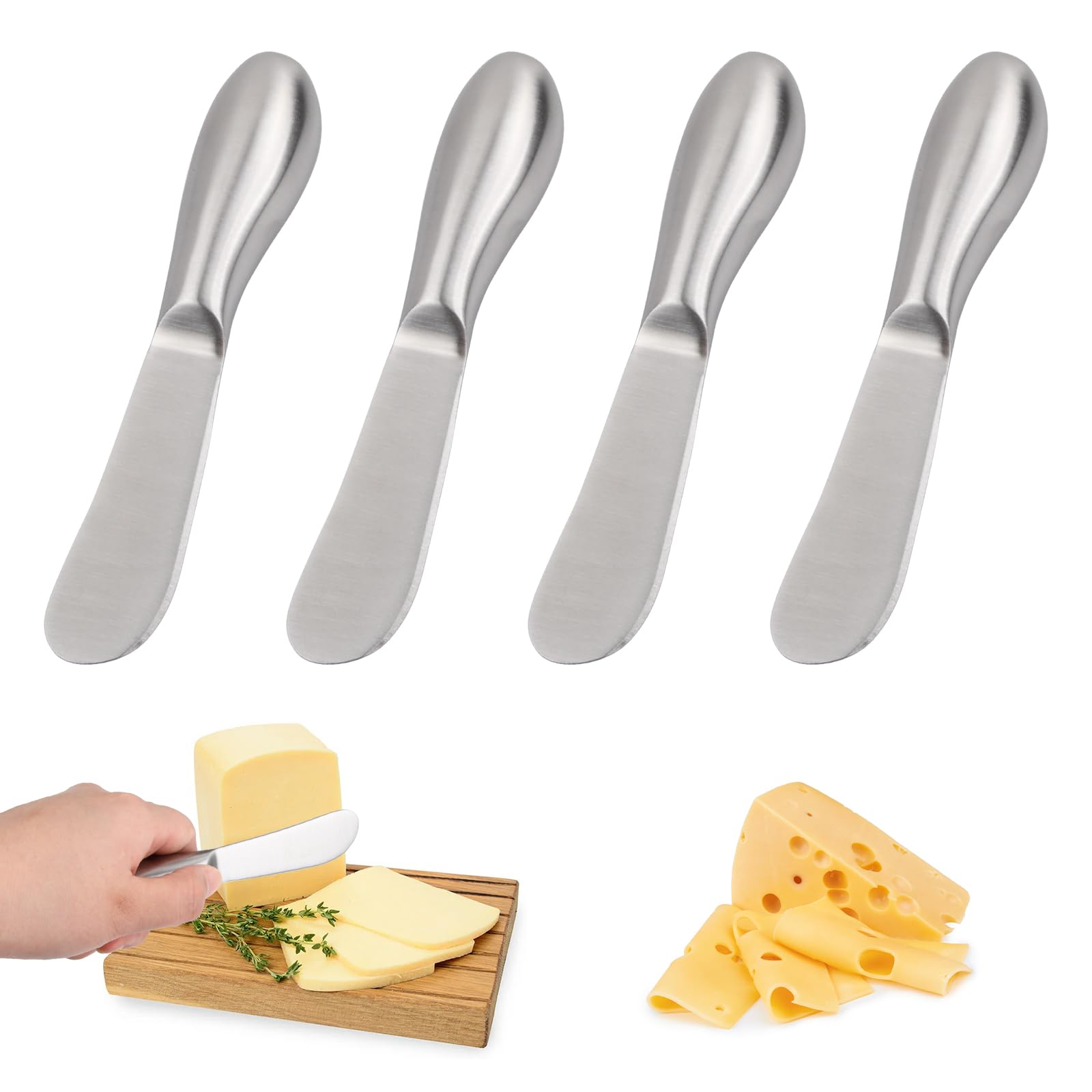 4 Piezas Cuchillo de Mantequilla, Esparcidor de Mantequilla, Cuchillo de Queso, Cuchillos de Untar Acero Inoxidable para Mantequilla, Mermelada, Nata, Tarta, Queso, Frutas, Verduras