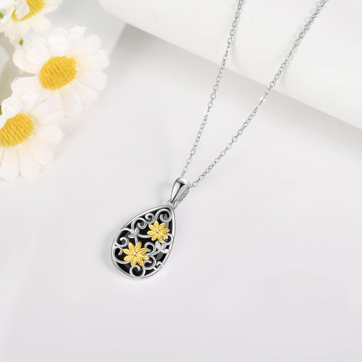 ONEFINITY Black Onyx Necklace Sterling Silver Filigree Flower Black Onyx Pendant Necklace Natural Onyx Jewelry For Women - Image 4