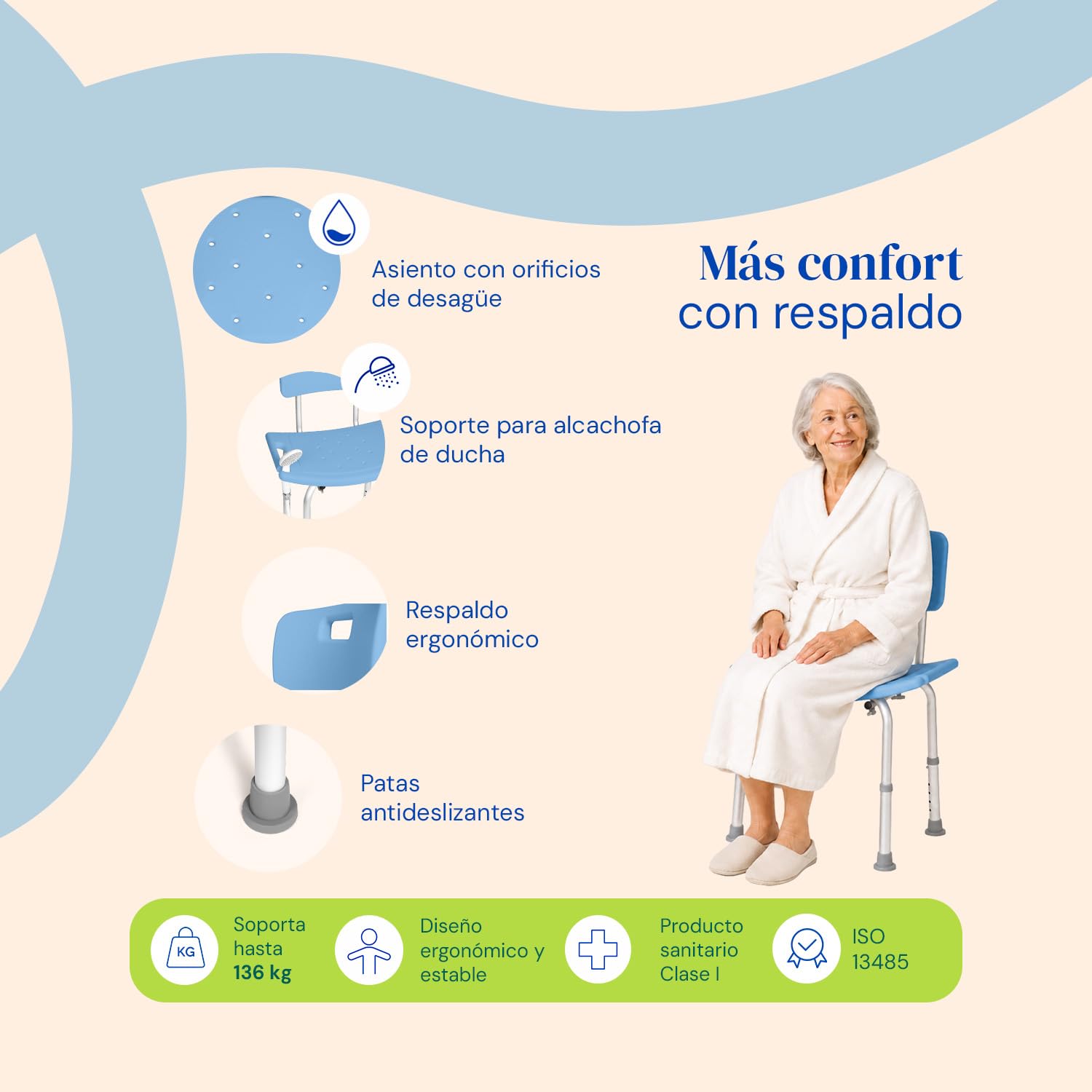 Geriafy Silla de Ducha para Mayores con Respaldo y Altura Regulable | Silla de ducha para ancianos con respaldo y asiento ancho