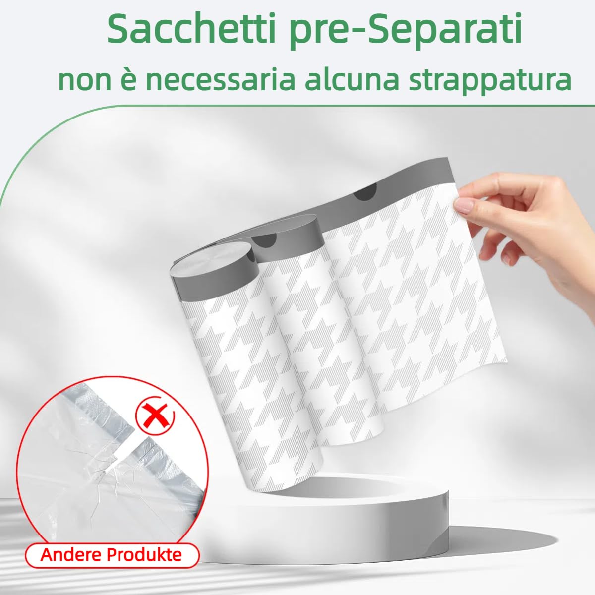 OKKEAI 90 Sacchetti Spazzatura 10L Bianco Pretagliati, 45x50cm, Sacchetti Immondizia con manici a Cordoncino, Senza Strappo, Resistenti Impermeabili - Sacchetti Umido per Bagno, Soggiorno, Cucina