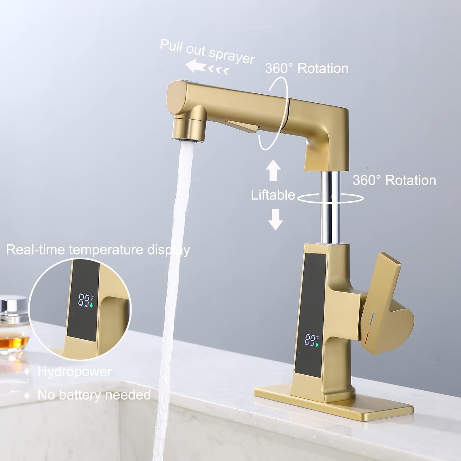 LED Bathroom Faucet with Pull Out Sprayer, Rzoeox Brushed Gold Temperature Display 2 Spray Modes RV Faucet 1 or 3 Holes with Deck Plate