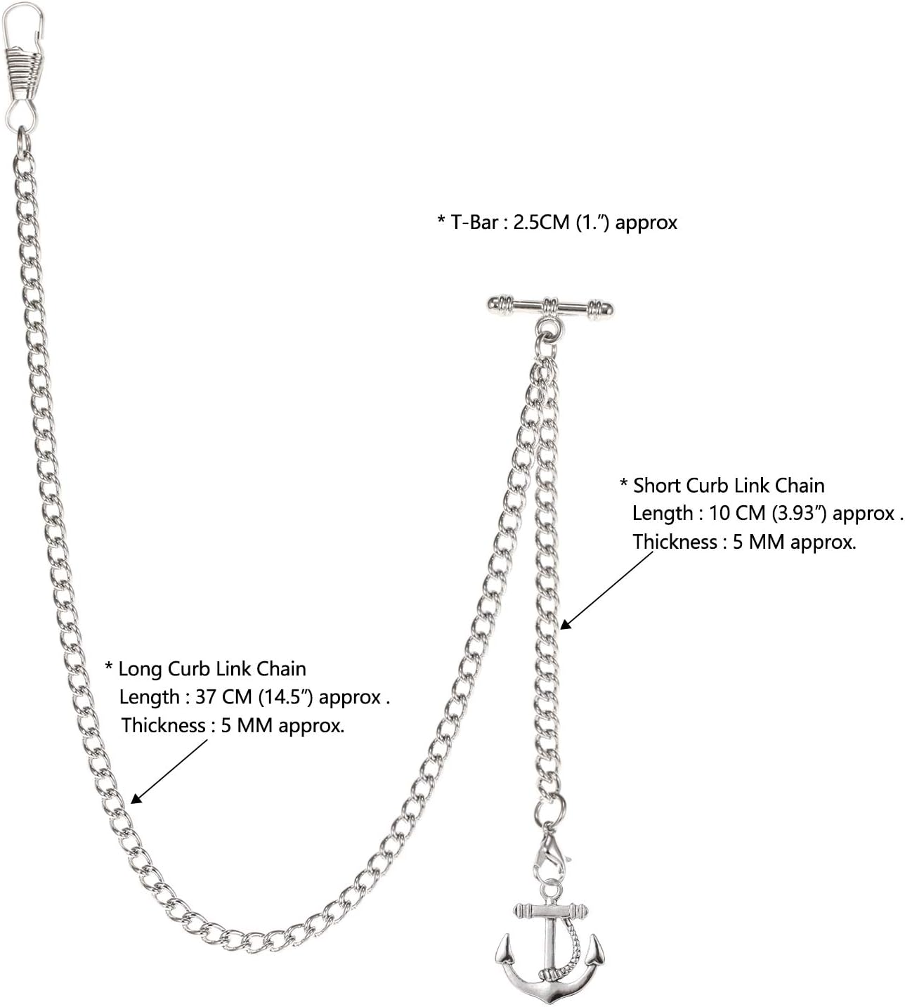 TREEWETO Men's Albert Chain Pocket Watch Curb Link Key Chain 2 Hooks with Antique Anchor Pendant Design Charm Fob T Bar