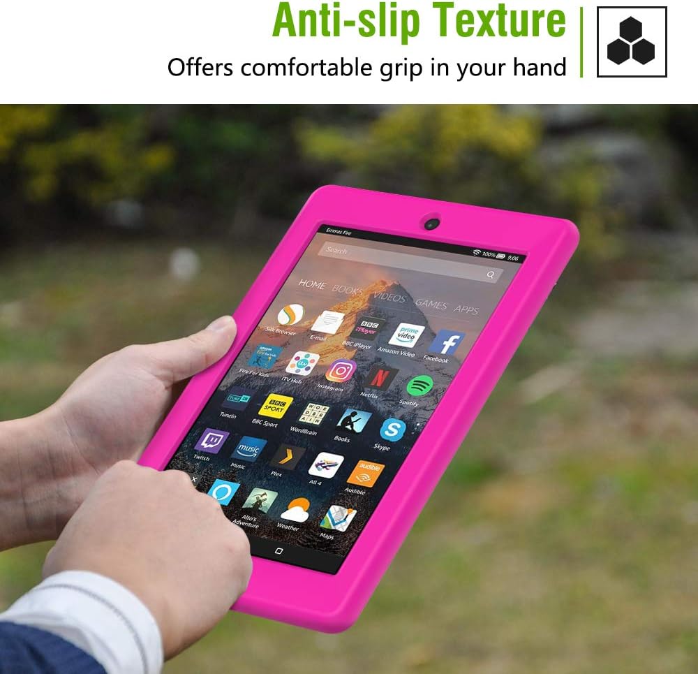 Dadanism Silicone Case Fits All-New Amazon Fire 7 Tablet (9th Generation, 2019 Release only), Heavy Duty Lightweight Shock Proof Kids Friendly Protective Back Cover, Corner Protection - Magenta