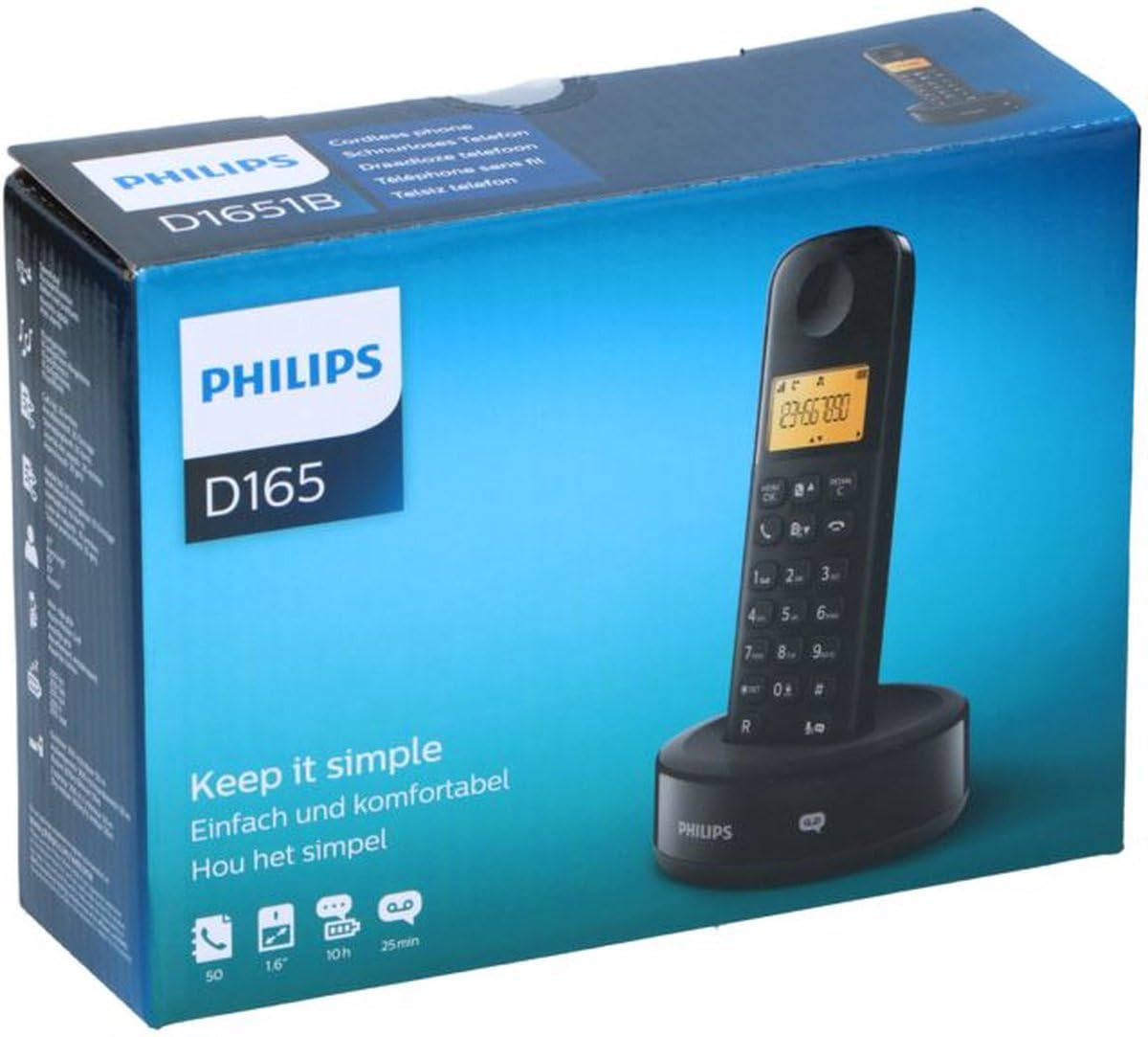 Philips Teléfono Inalámbrico, D1651B/01, DECT, Doméstico, Conexión de Línea Fija, Contestador Automático, Negro — view 5