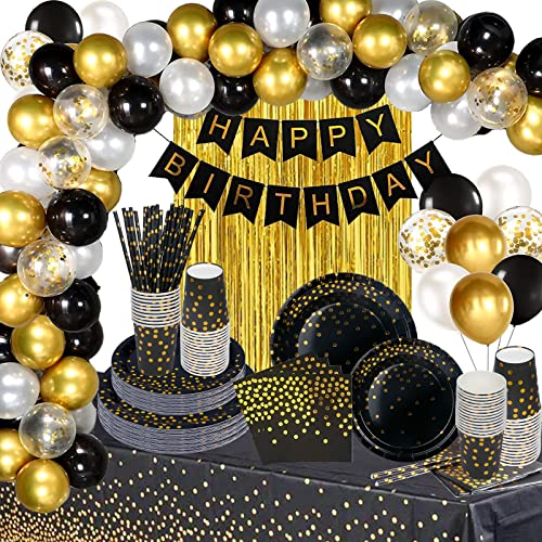 GOLDNICE Vaisselle Anniversaire Noir Or, Deco Anniversaire Assiette Decoration Fête Assiettes Carton avec Ballons de Fête et Gobelets, Nappe, Bunting, Table Ballon pour Fêtes Anniversaires Mariages