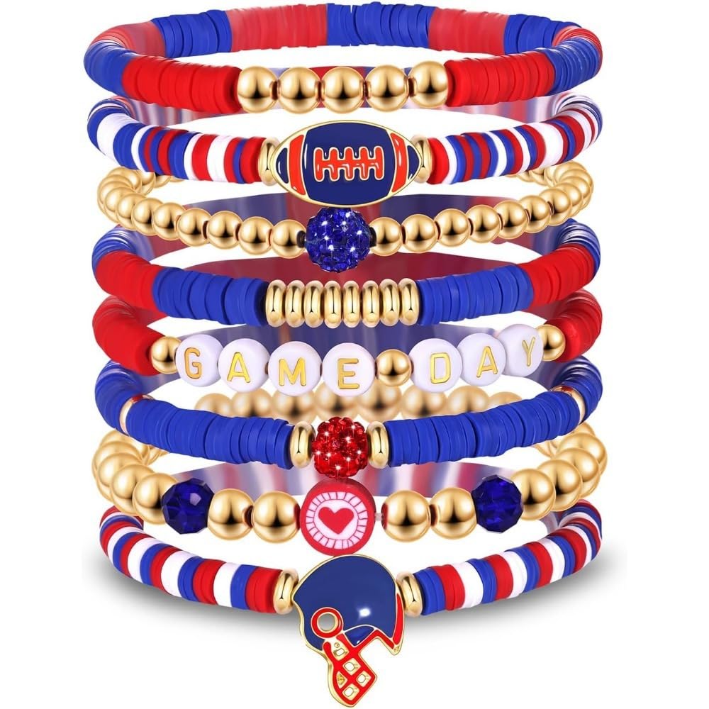 QIAOLEHUI 8 pcs Game Day Bracelets Stack Football Bracelet for Women Men Stackable Football Game Day Accessories Football
