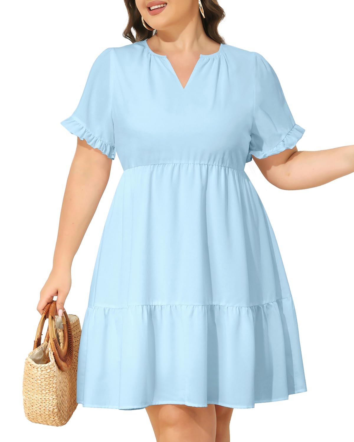 Pinup Fashion Plus Size Summer Babydoll Tiered Casual V-Neck Short Dress