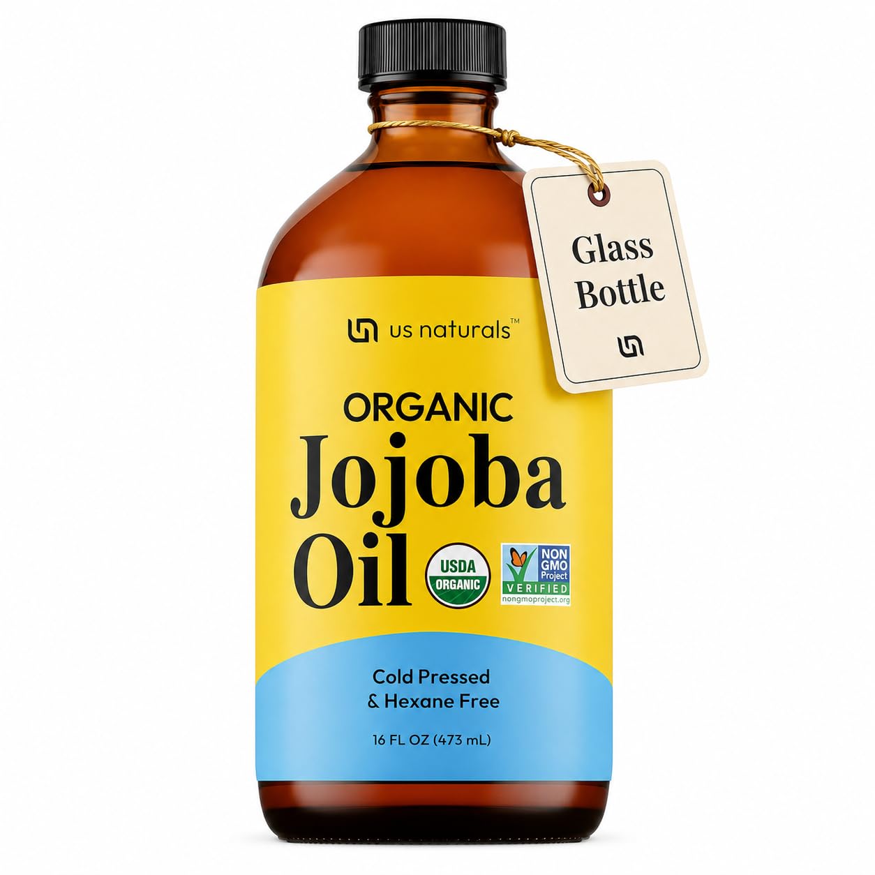 Us Naturals Olio di jojoba biologico da 16 once - Bottiglia di vetro - Certificato USDA biologico e non OGM - 100% puro, spremuto a freddo, non raffinato, senza esano - Olio di alta qualità che