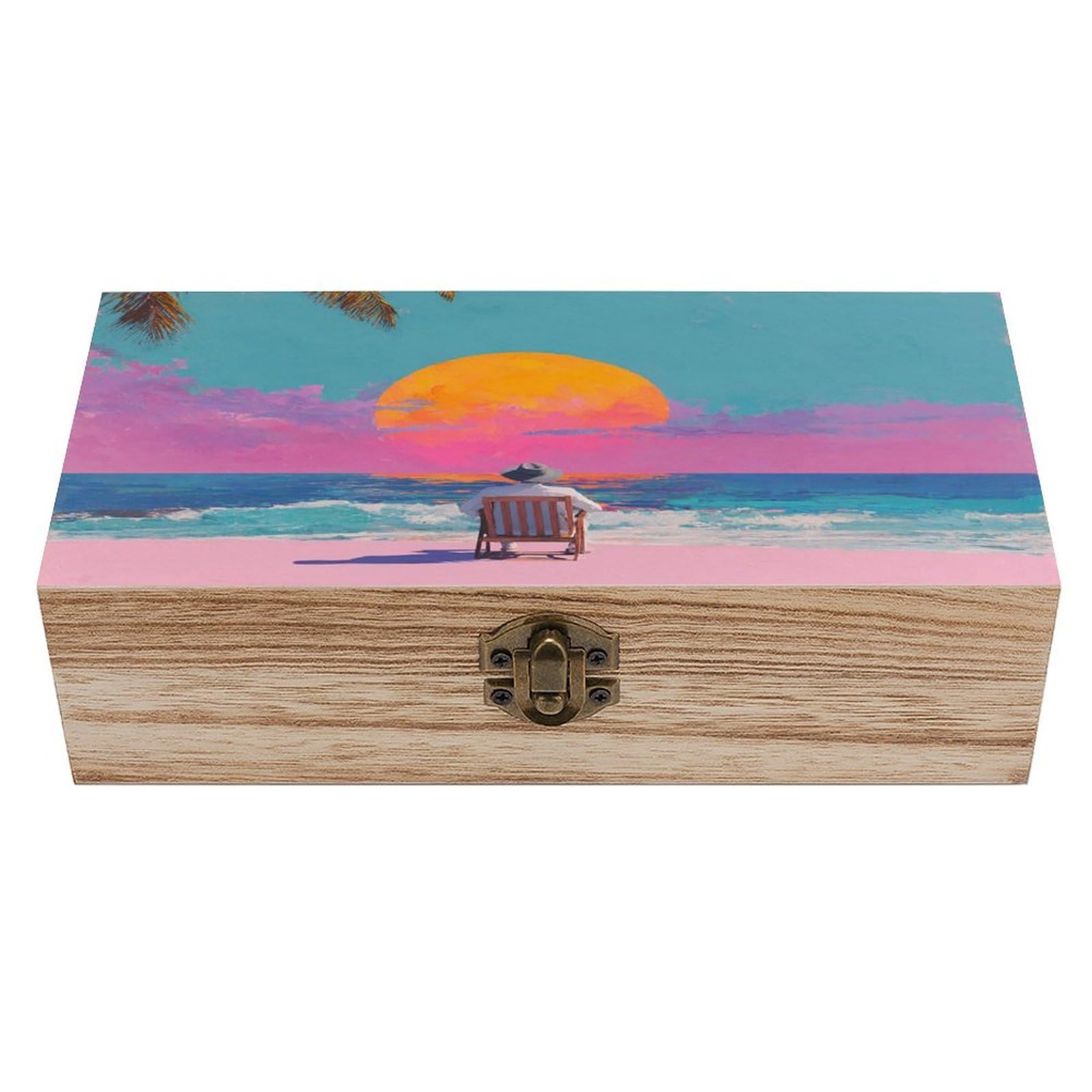 asbwuo Sunset Ocean Beach Wooden Storage Box with Hinged Lid
