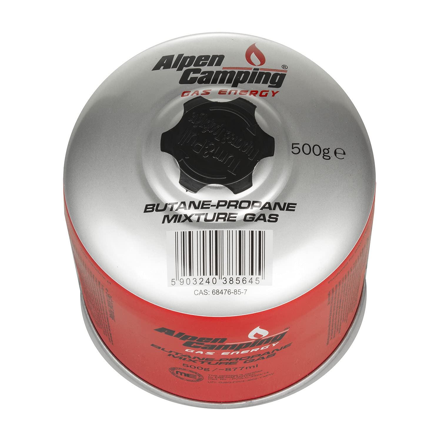 Alpen Camping IK008 877 ml / 500g Gaskartusche mit Propan-Butan Schraubkartusche mit 7/16“ Anschluss für Gaskocher Campingkocher Bunsenbrenner Lötbrenner EN417