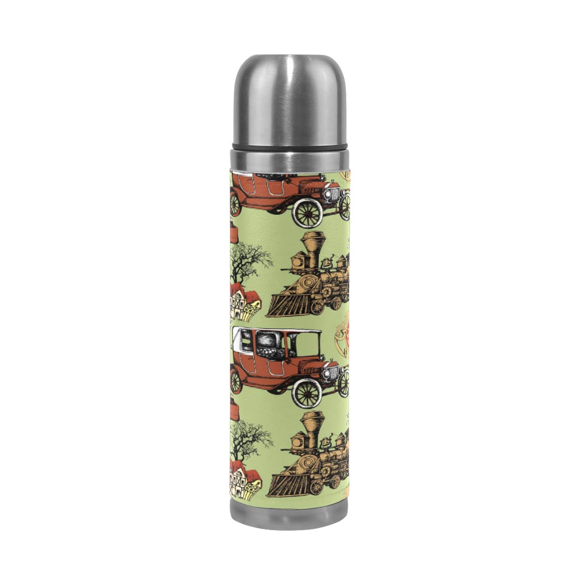 Taza de viaje aislada al vacío de acero inoxidable con doble pared a prueba de fugas, botella de taza con diseño de temática vintage, personalizable con estampado de piel auténtica, 500 ml