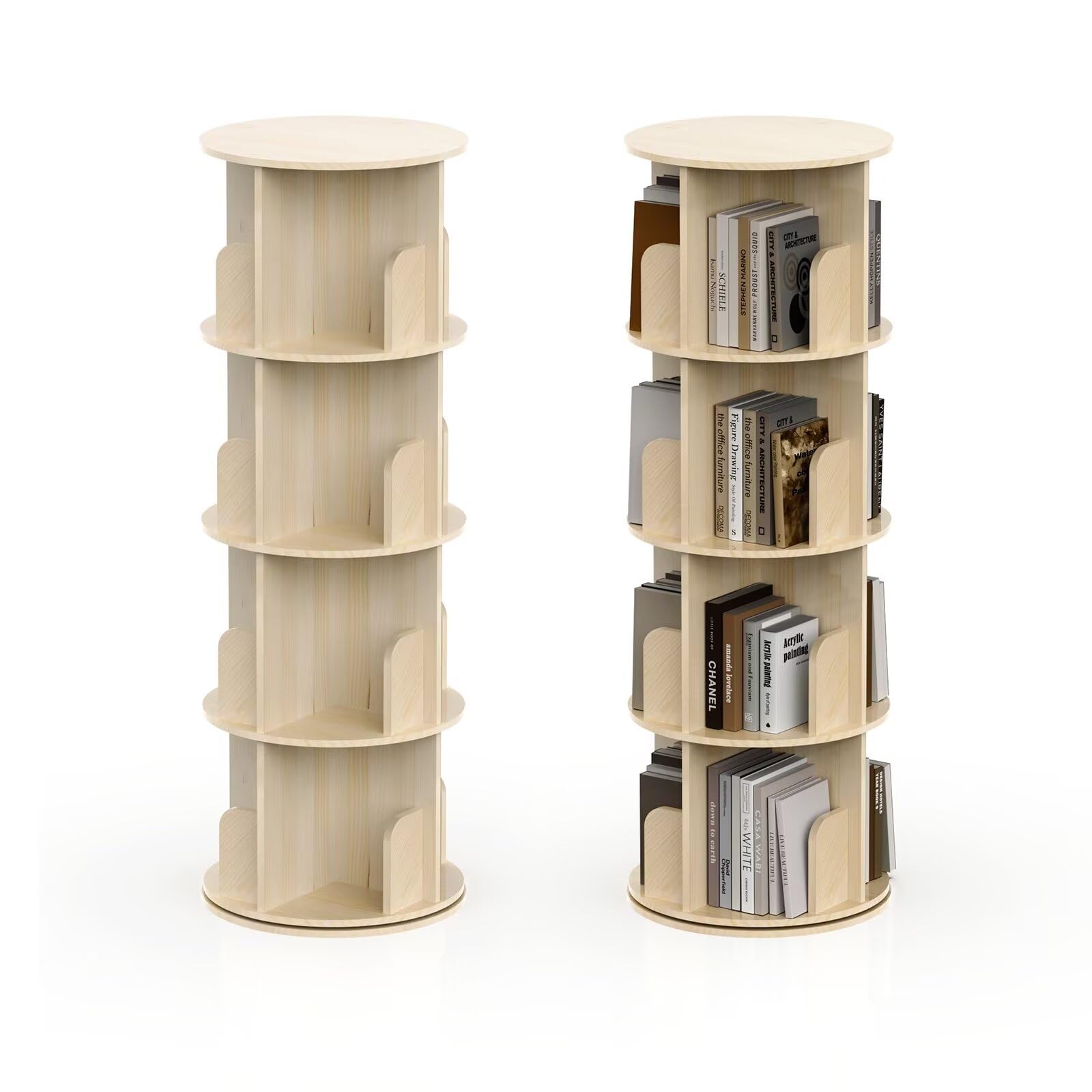 Fabulcozy Biblioteca rotativa 360 Grados, 4 Niveles, de Madera Maciza, estantería de Almacenamiento. 45Lx45Ix129H cm