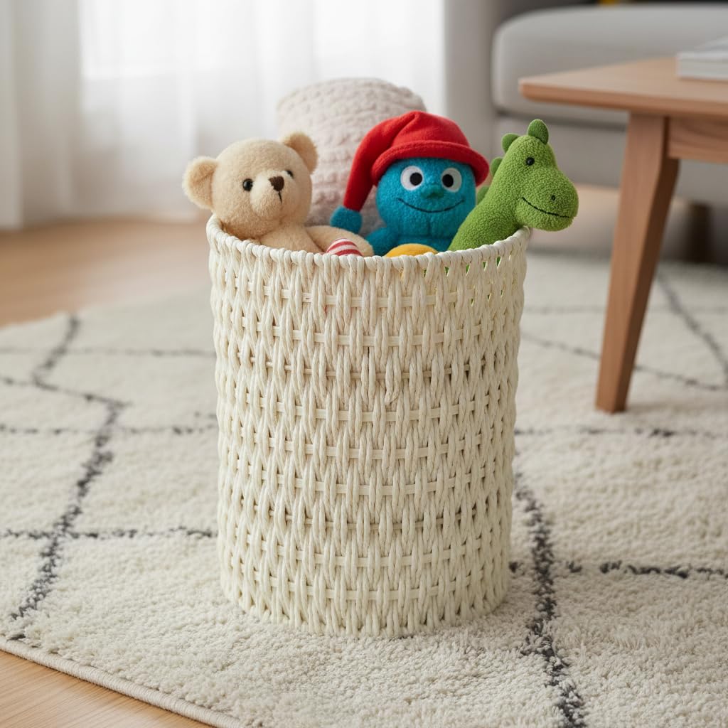 Coeusy Paper Rope Trash Can,2 Gallon Decorative Waste Basket for Bedroom,Living Room,Office,Nursery,Bathroom,Small Boho Decor Garbage Basket,Beige Round