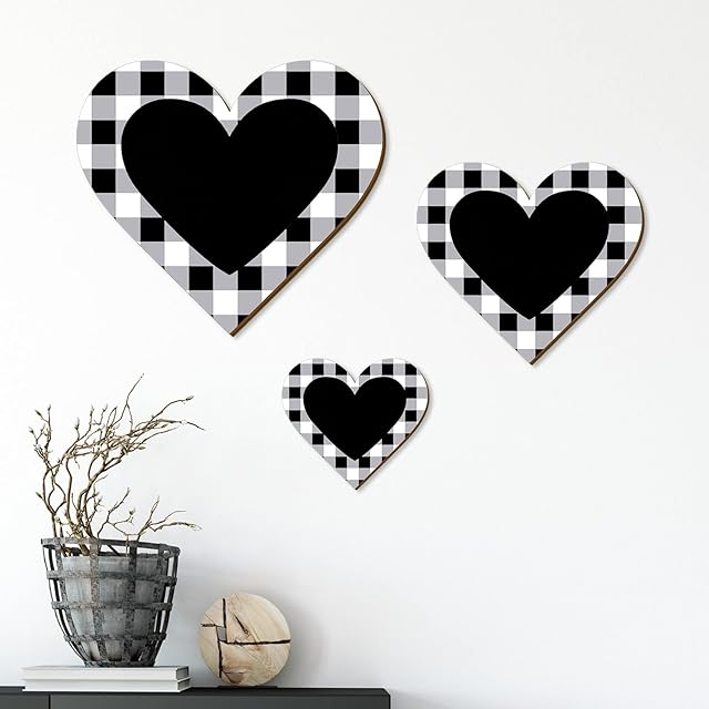 3 Pcs Heart Shaped Wood Sign Buffalo Plaid Decor for Kitchen Bedroom Bathroom Living Room Wooden Heart Wall Sign Rustic Hanging Plaque Christmas Decor, 3 Sizes (Black Heart Plaid)