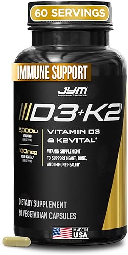 JYM D3 + K2 con 5000iu D3 y 100 mcg de vitamina K2 como MK-7, hueso, cardiovascular + salud inmunológica para hombres y mujeres, cápsula blanda