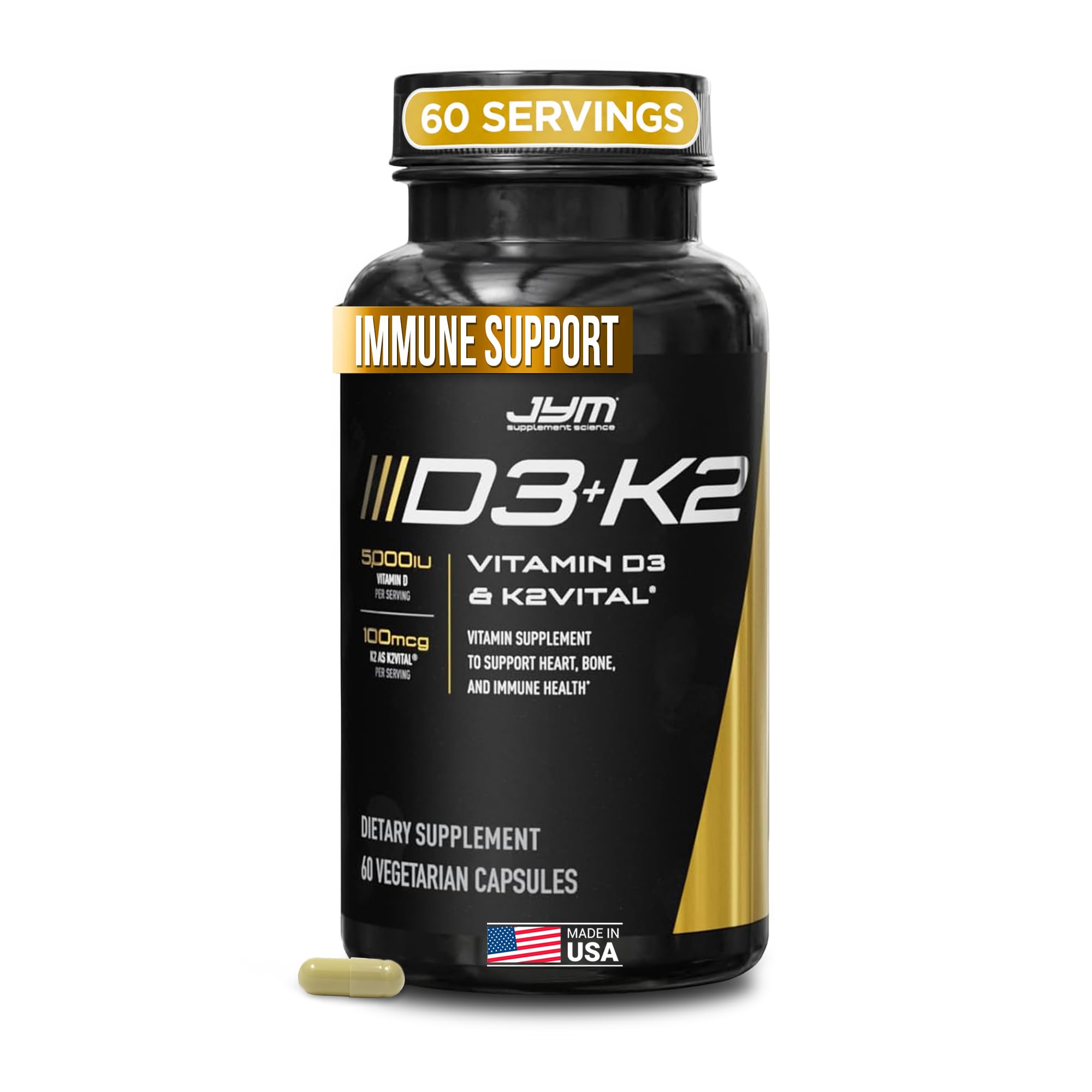 JYM D3 + K2 with 5000iu D3 & 100mcg of Vitamin K2 as MK-7, Bone, Cardiovascular + Immune Health for Men & Women, Softgel