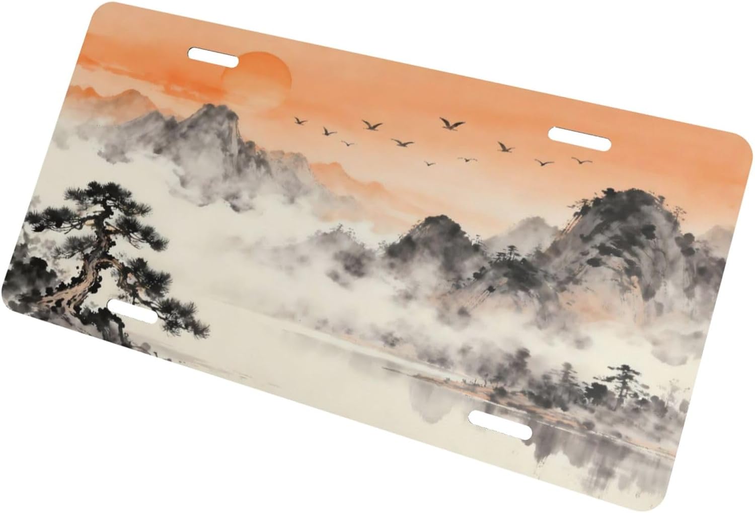 Sunset Mountains Flying Birds LakeInk Painting Front License Plate image 2