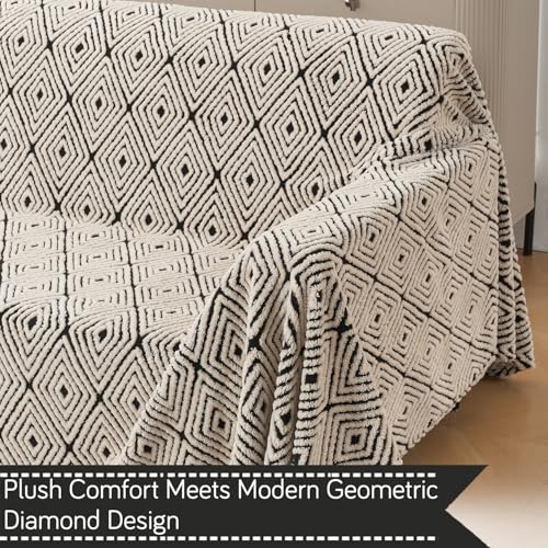 Image of HOKIPO Plush Sherpa Sofa Cover for 2 Seater Sofa | Thick Cozy Washable Sofa Throw | Full Protection Sofa Cover, 'Noirea Series' Geometric Diamond (180x250 cm) (AR-6652-D6)