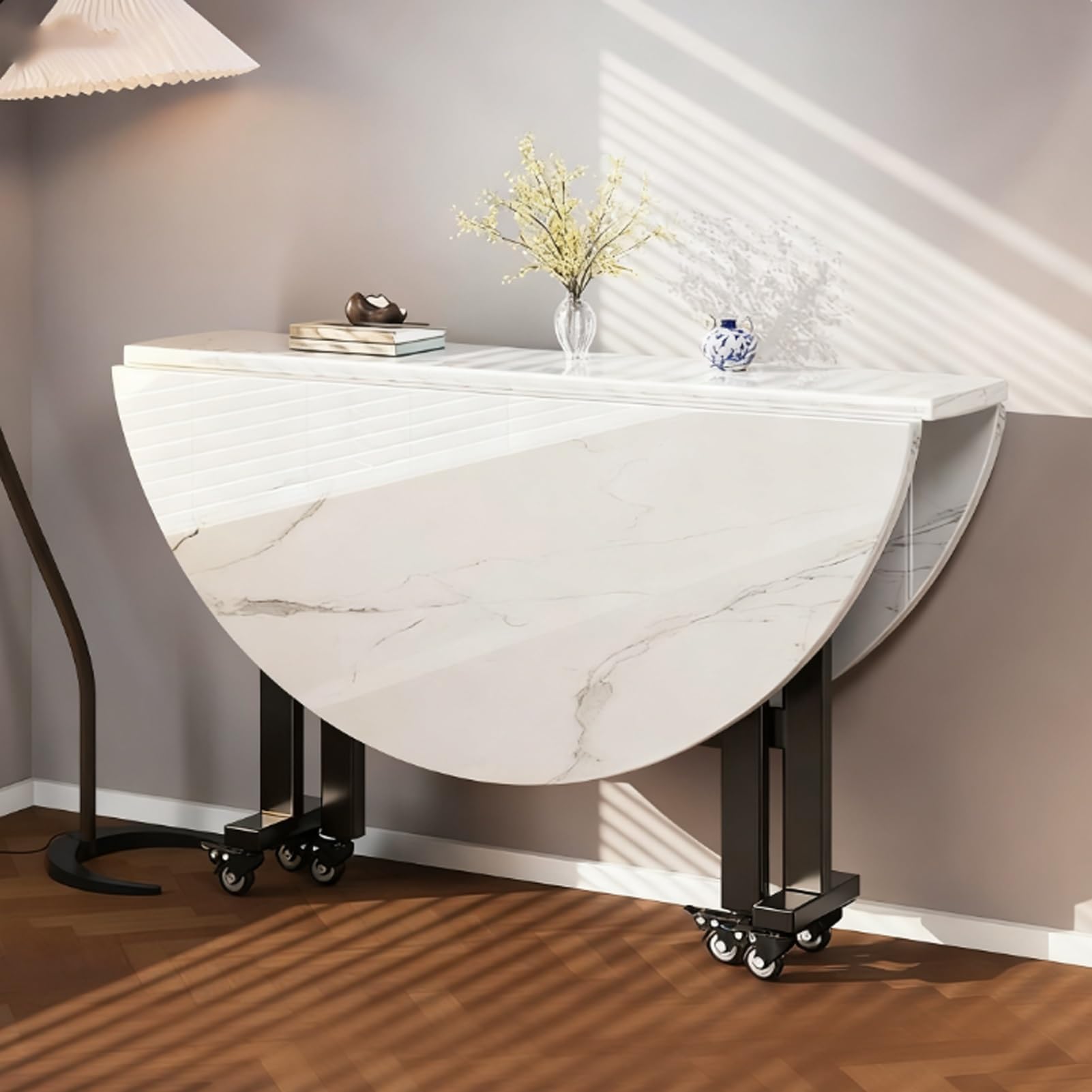 Round Drop Leaf Kitchen Dining Table with Wheels,Extendable Butterfly Table with Universal Wheels, Flip-Top Dinner Tables for Small Spaces(White,180cm/70.8in)