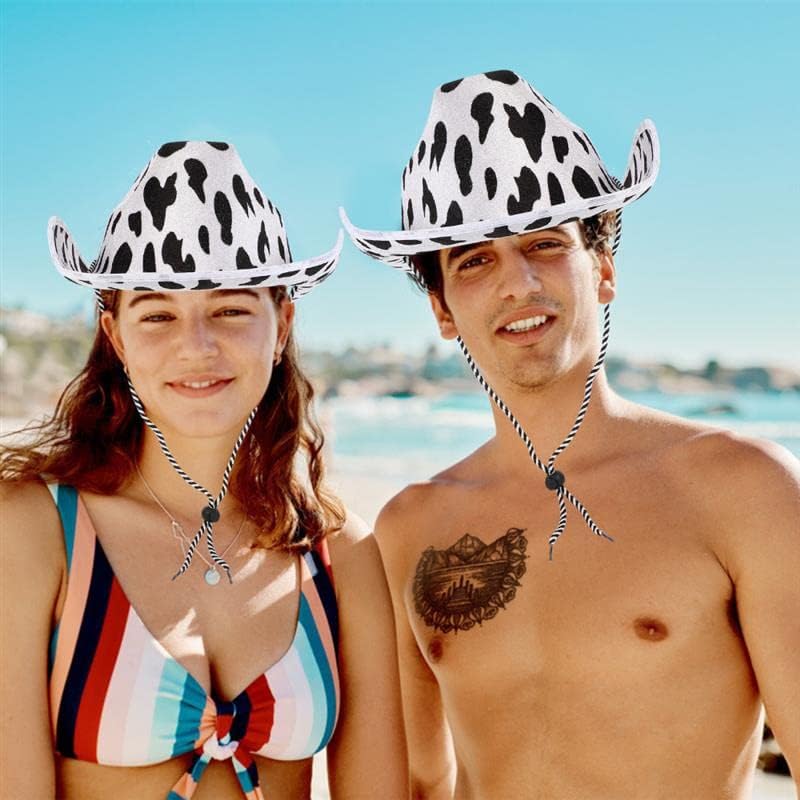 Cow Print Cowboy Hat White and Black Felt Hats with Adjustable Lanyard Cowboy Style Hat for Men and Women - Image 8